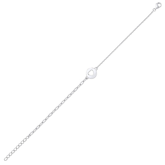 Silver Love Heart Round Disc Tag Charm Bracelet 2mm 7 + 1 inch - GVB539