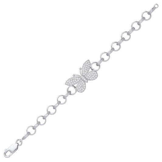 Silver CZ Butterfly Engraved Belcher Kids Bracelet 6inch 15cm - GVB549
