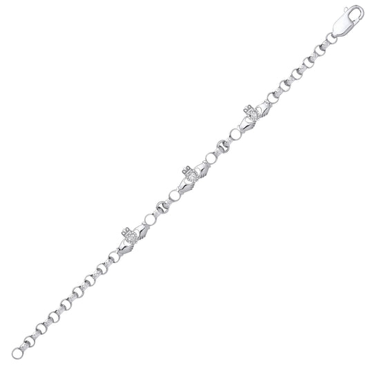 Silver Heart CZ Claddagh Engraved Belcher Bracelet 4mm 7.5" - GVB553