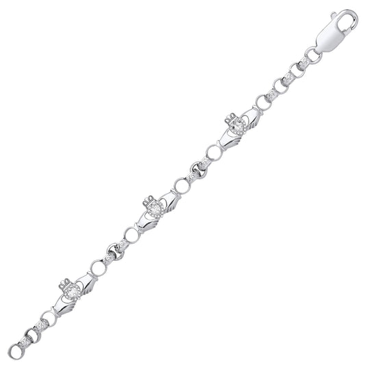 Kids Silver Heart CZ Claddagh Belcher Charm Bracelet 4mm 5.5" - GVB559