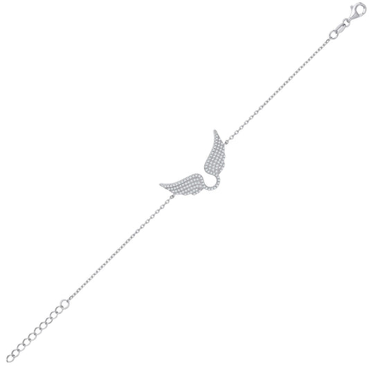 925 Sterling Silver CZ Angel Wings Rolo Charm Bracelet 6 + 1 inch - GVB561