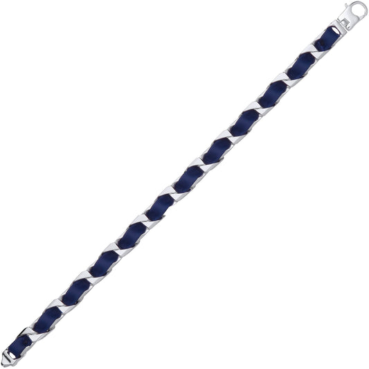 Mens Silver Leather Ribbon Square Curb Chain Bracelet 8mm 8.5" - GVB580