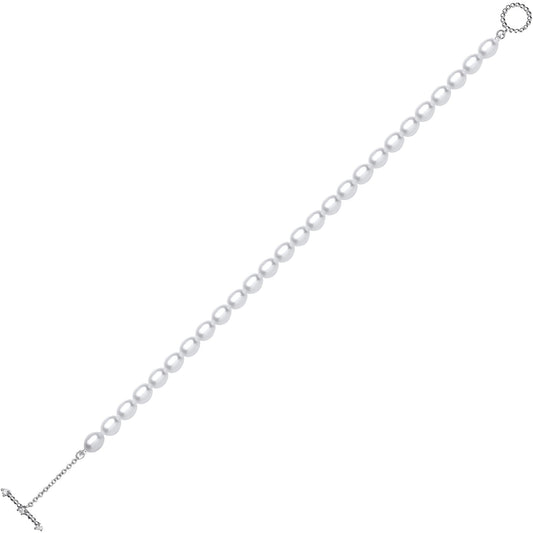 Silver Oval Pearl CZ Oval Pebble T-Bar Toggle Bracelet 4mm 6.5" - GVB595