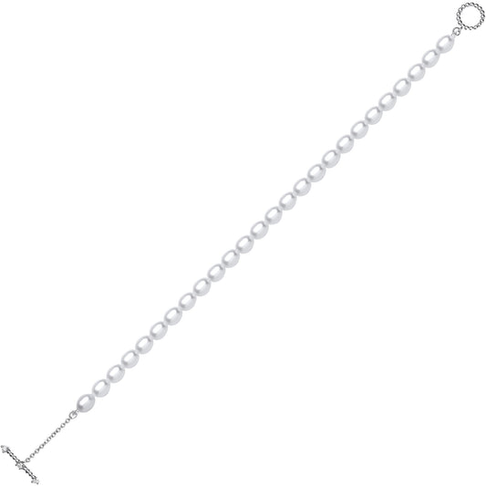 Silver Oval Pearl CZ Oval Pebble T-Bar Toggle Bracelet 4mm 6.5" - GVB595