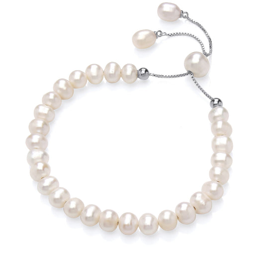 Silver Oval Pearl Wobbly Pebble Adjustable Slider Bracelet 6mm - GVB596