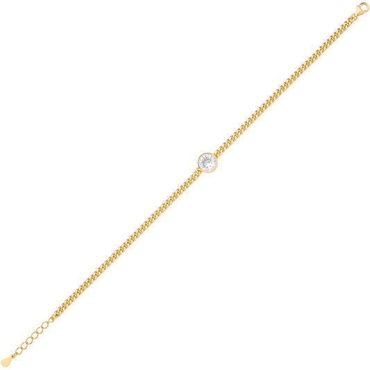 Gilded Silver CZ Bezel Solitaire Curb Chain Bracelet 3mm 7.5 + 1" - GVB597G
