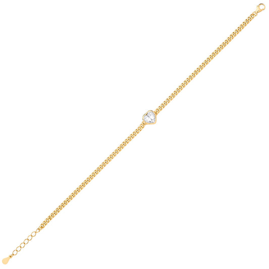 Gilded Silver Heart CZ Bezel Curb Chain Bracelet 3mm 8.5" - GVB600G