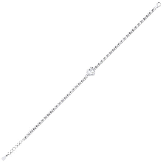 Silver Heart CZ Bezel Solitaire Curb Chain Bracelet 3mm 7.5 + 1" - GVB600RH