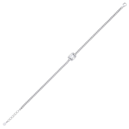 Silver Radiant CZ Bezel Solitaire Curb Chain Bracelet 3mm 8.5" - GVB601RH