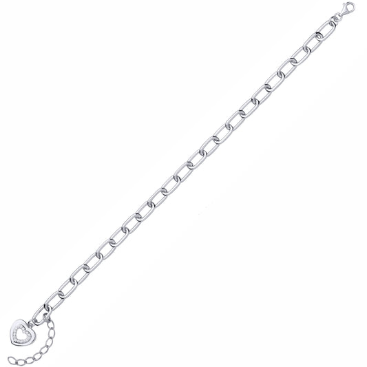 Silver CZ Oval Pill Double Love Heart Charm Chain Link Bracelet - GVB618