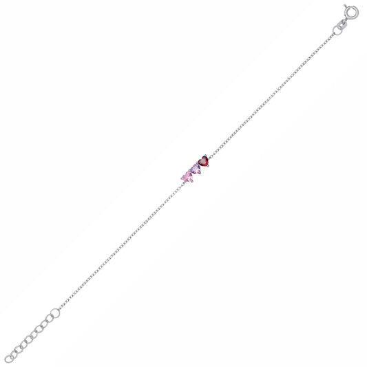 Sterling Silver CZ Garnet, Amethyst & Pink Triple Heart Bracelet - GVB628