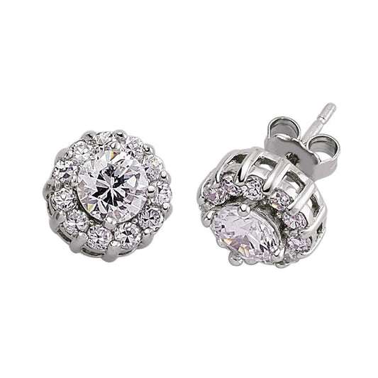 Silver CZ Halo Stud Earrings - GVE027