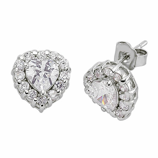 Silver Heart CZ Halo Heart Stud Earrings - GVE028