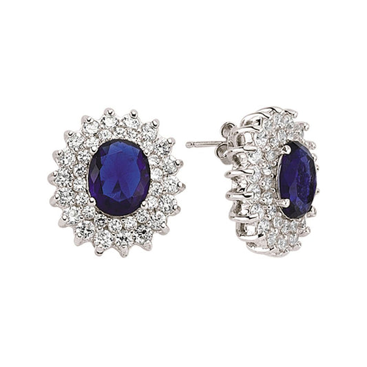 Silver Blue Oval CZ Royal Lady Di Cluster Stud Earrings - GVE058