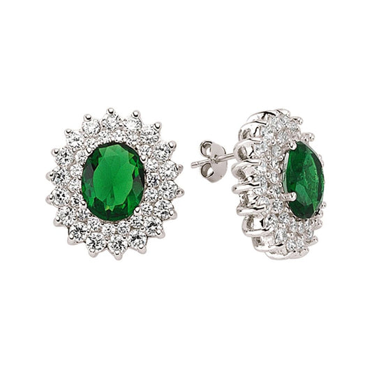 Silver Green Oval CZ Royal Cluster Stud Earrings - GVE058EM