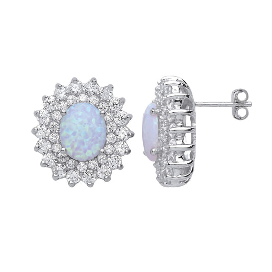 Silver Oval Opal Royal Cluster Stud Earrings - GVE058OP