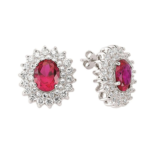 Silver Red Oval CZ Royal Cluster Stud Earrings - GVE058RU