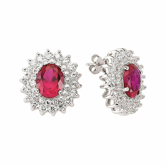 Silver Red Oval CZ Royal Cluster Stud Earrings - GVE058RU