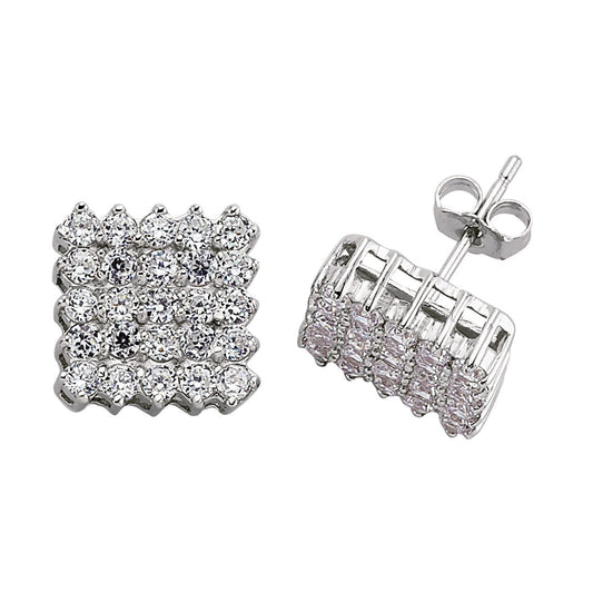 Silver CZ Grid Cluster Stud Earrings - GVE101