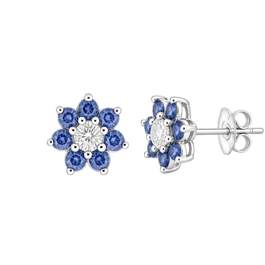 Silver Blue CZ Flower Cluster Stud Earrings - GVE175