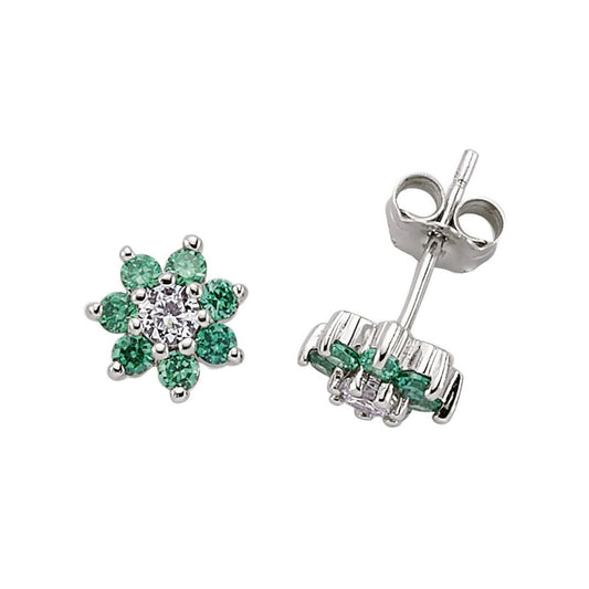 Silver Green CZ Flower Cluster Stud Earrings - GVE176