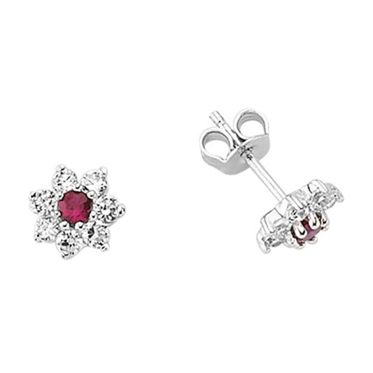Silver Red CZ Flower Cluster Stud Earrings - GVE177A