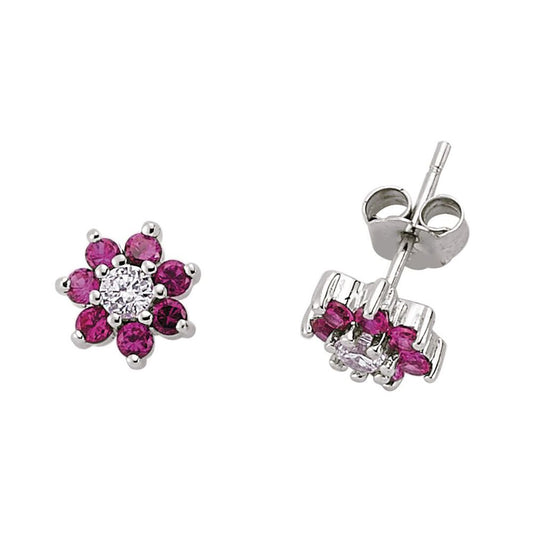 Silver Pink CZ Flower Cluster Stud Earrings - GVE177