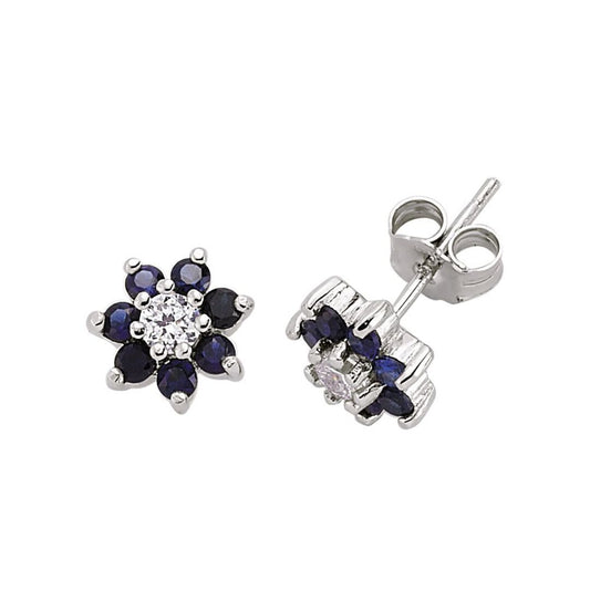 Silver Blue CZ Flower Cluster Stud Earrings - GVE178