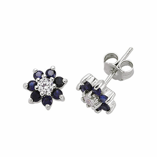 Silver Blue CZ Flower Cluster Stud Earrings - GVE178