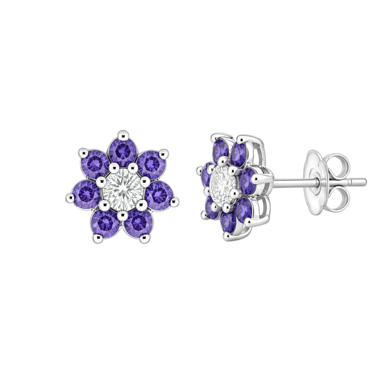 Silver Purple CZ Flower Cluster Stud Earrings - GVE179A