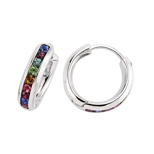 Silver Multi Colour CZ Rainbow Huggie Hoop Earrings 15mm - GVE186