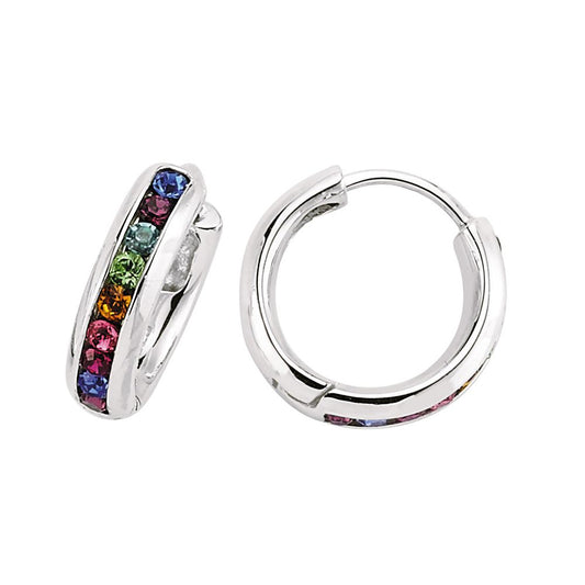 Silver Multi Colour CZ Rainbow Huggie Hoop Earrings 15mm - GVE186