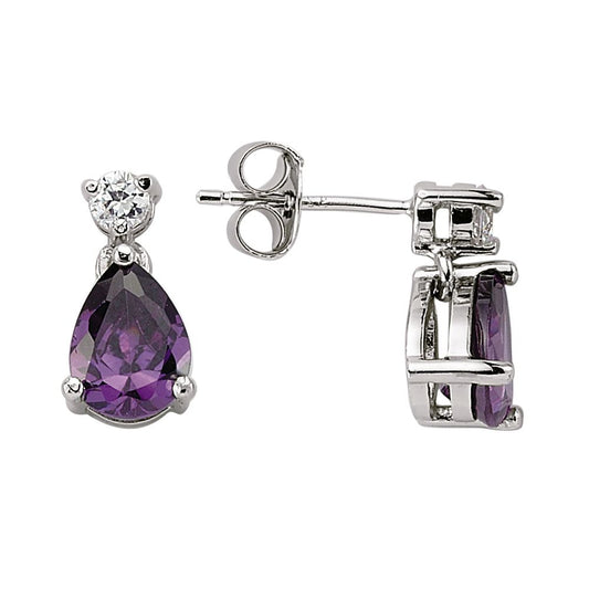 Silver Purple Pear CZ Tears of Joy Toi et Moi Drop Earrings - GVE197AM