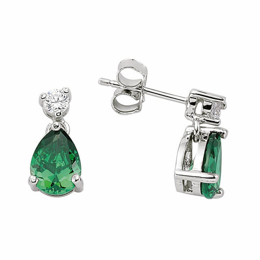 Silver Green Pear CZ Tears of Joy Toi et Moi Drop Earrings - GVE197EM