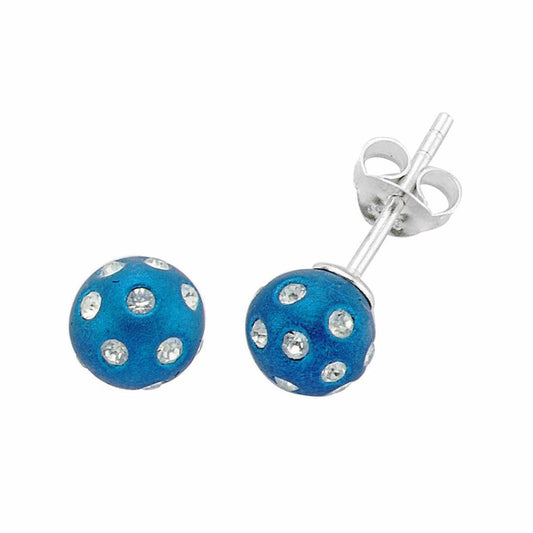Sterling Silver Crystal Blue Polka Dot Ball Stud Earrings 8mm - GVE209BLU