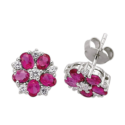 Silver Ruby-Red Oval CZ Tudor Rose Flower Petal Stud Earrings - GVE212