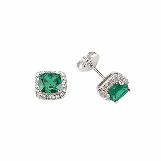 Silver Green Cushion CZ Halo Cluster Stud Earrings - GVE219EM