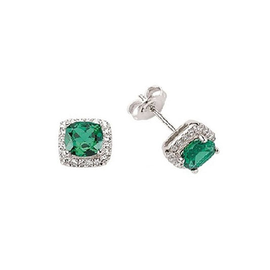 Silver Green Cushion CZ Halo Cluster Stud Earrings - GVE219EM