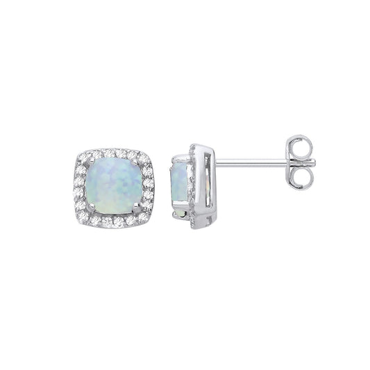 Silver Opal Cushion CZ Halo Cluster Stud Earrings - GVE219OP