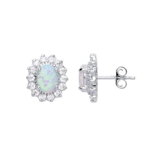 Silver oval Opal Royal Cluster Stud Earrings - GVE247OP