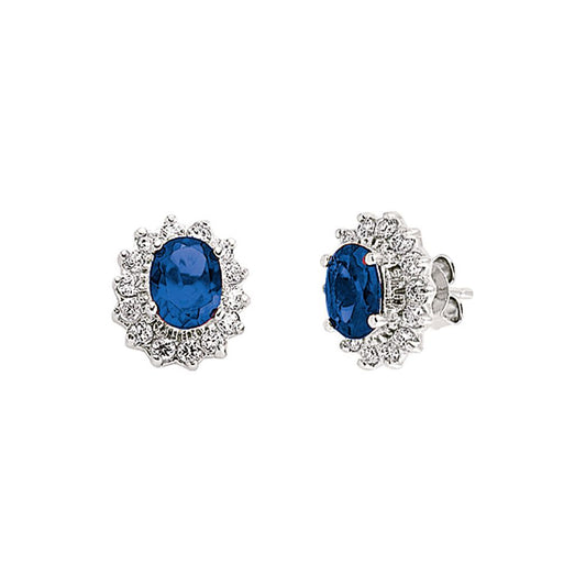Silver Blue Oval CZ Royal Lady Di Cluster Stud Earrings - GVE247SAP