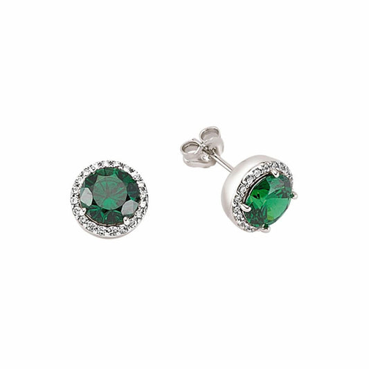 Silver Green CZ Halo Stud Earrings - GVE322