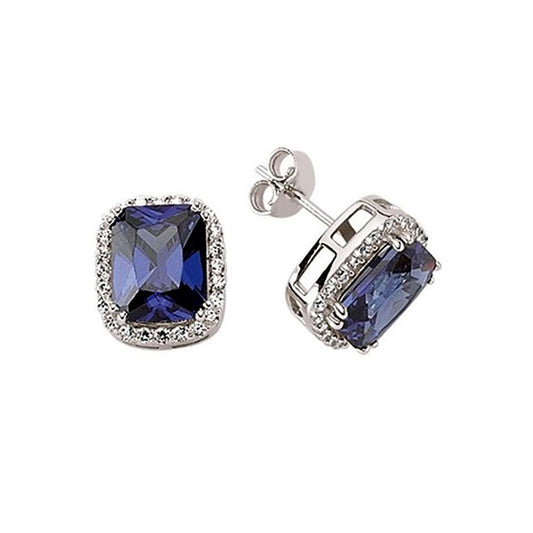 Silver Blue Emerald Cut CZ Halo Stud Earrings - GVE327