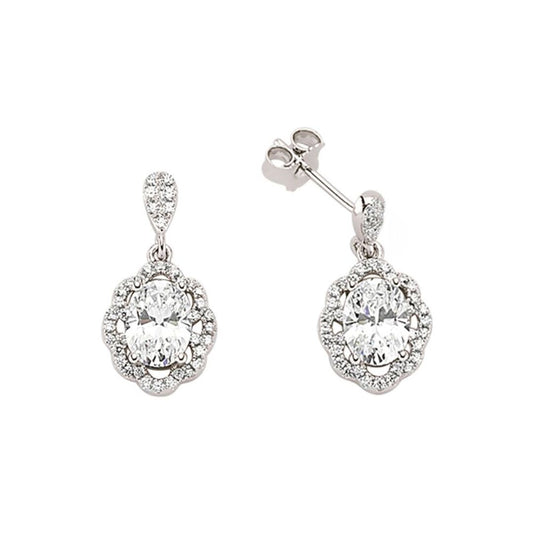 Silver Oval CZ Floral Halo Drop Earrings - GVE344