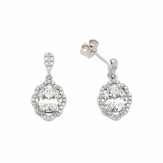 Silver Oval CZ Floral Halo Drop Earrings - GVE344