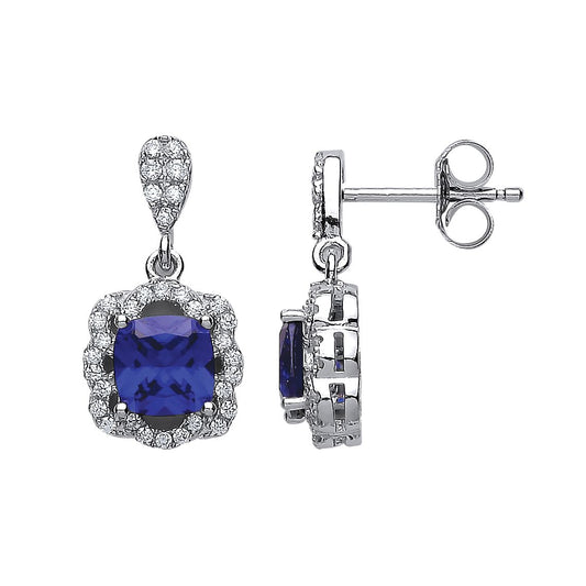 Silver Blue Cushion CZ Floral Halo Drop Earrings - GVE345SAP