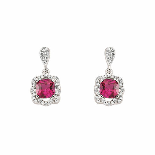 Silver Red Cushion CZ Halo Cluster Stud Earrings - GVE345