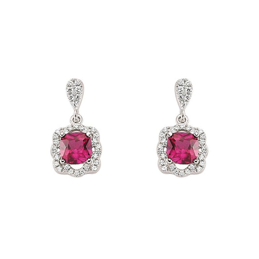 Silver Red Cushion CZ Halo Cluster Stud Earrings - GVE345