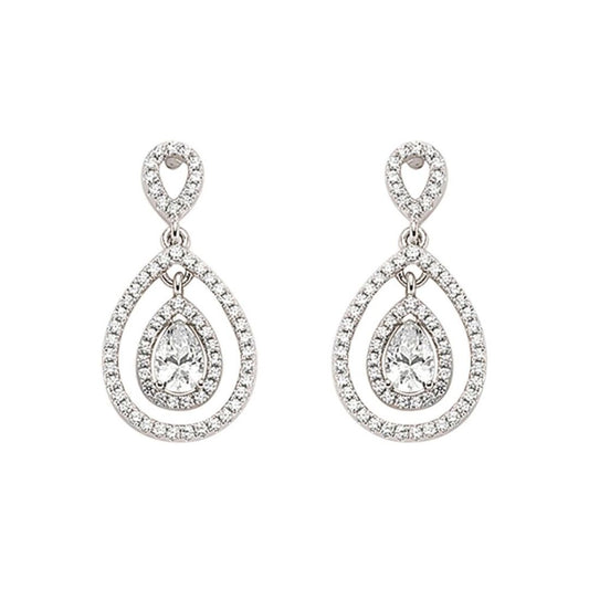 Silver Pear CZ Teardrop Halo Drop Earrings - GVE346