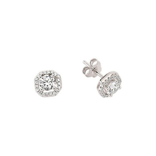 Silver CZ Octagon Halo Stud Earrings - GVE348